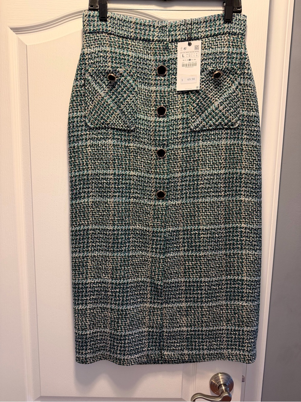 Zara Teal and Black Tweed Button-Front Pencil Skirt NWT